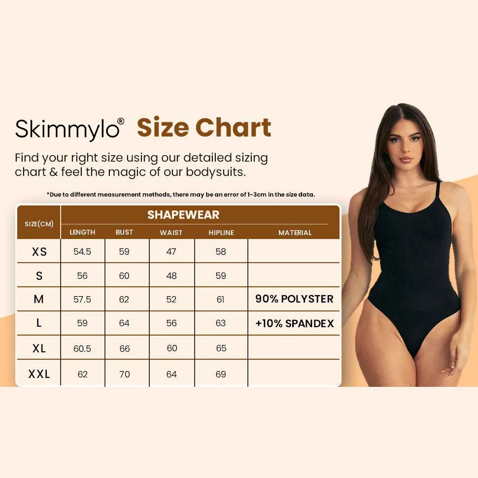 Skimmylo Snatched Shapewear Bodysuit size chart with a model wearing a black snatched shapewear bodysuit.