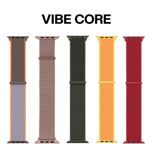 Set of five different bright colored health tracker bands labeled 'Vibe Core' on a white background.